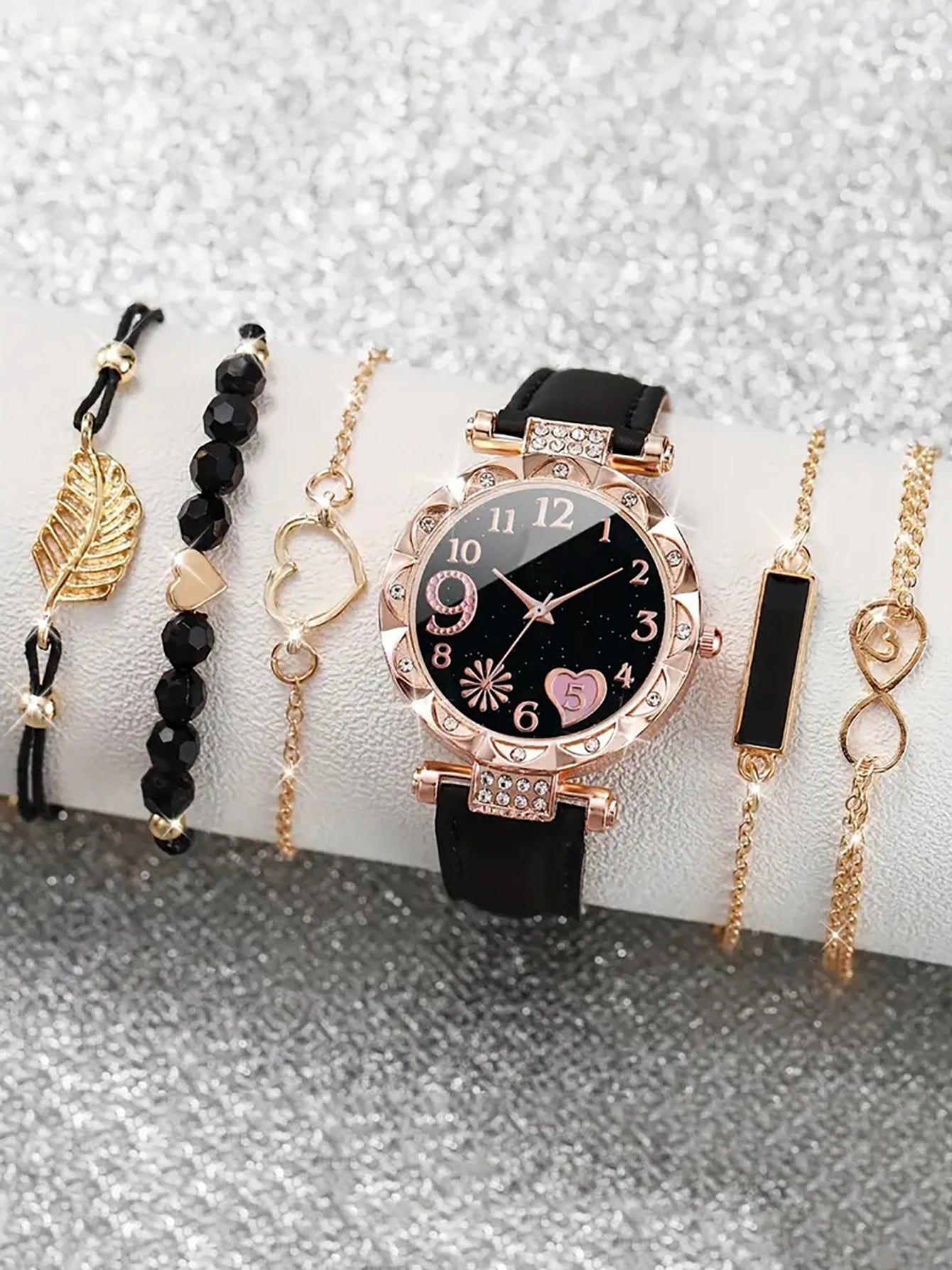 Women's 6PCS Fashion Quartz Watch & Bracelet Set | Pink Leather Band Analog Wristwatch Dress Set