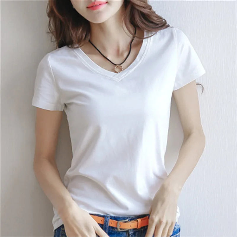 Women's Solid Cotton V-Neck T-Shirt | Short Sleeve Slim Casual Tee in White & Black