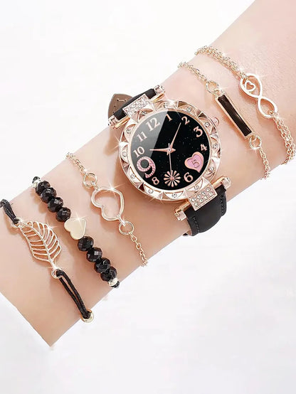Women's 6PCS Fashion Quartz Watch & Bracelet Set | Pink Leather Band Analog Wristwatch Dress Set