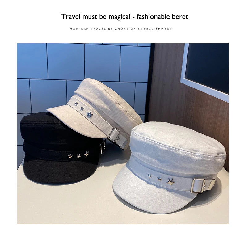 Women's Black Star Beret | British Retro Military Style Korean Fashion Cap for Spring, Autumn & Winter