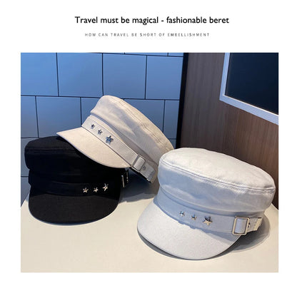 Women's Black Star Beret | British Retro Military Style Korean Fashion Cap for Spring, Autumn & Winter