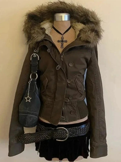 Harajuku Safari Hooded Jacket – Y2K Streetwear Zip-Up Coat