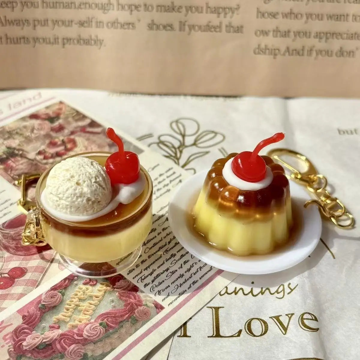 Cherry Pudding Keychain | Cute Caramel Cold Drink Snack Pendant Bag Accessory
