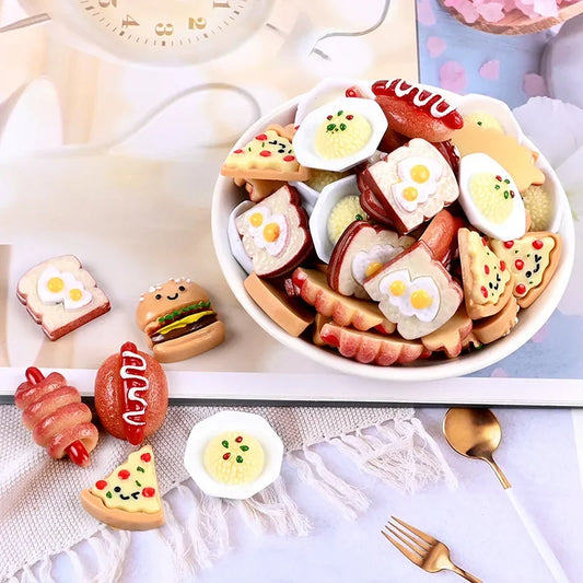 Hand-Painted Mini Pizza & Hamburger Resin Appliques | 10pcs Flat Back Miniature Food Decorations for DIY Crafts