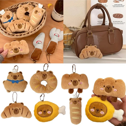Cartoon Capybara & Croissant Plush Keychain | Soft Bread Food Stuffed Hanging Accessory