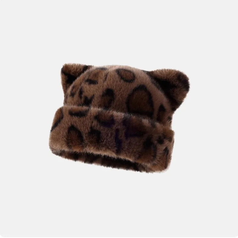 Women's Plush Teddy Bear Beanie – Cute Animal Print Knit Hat | Warm & Cozy