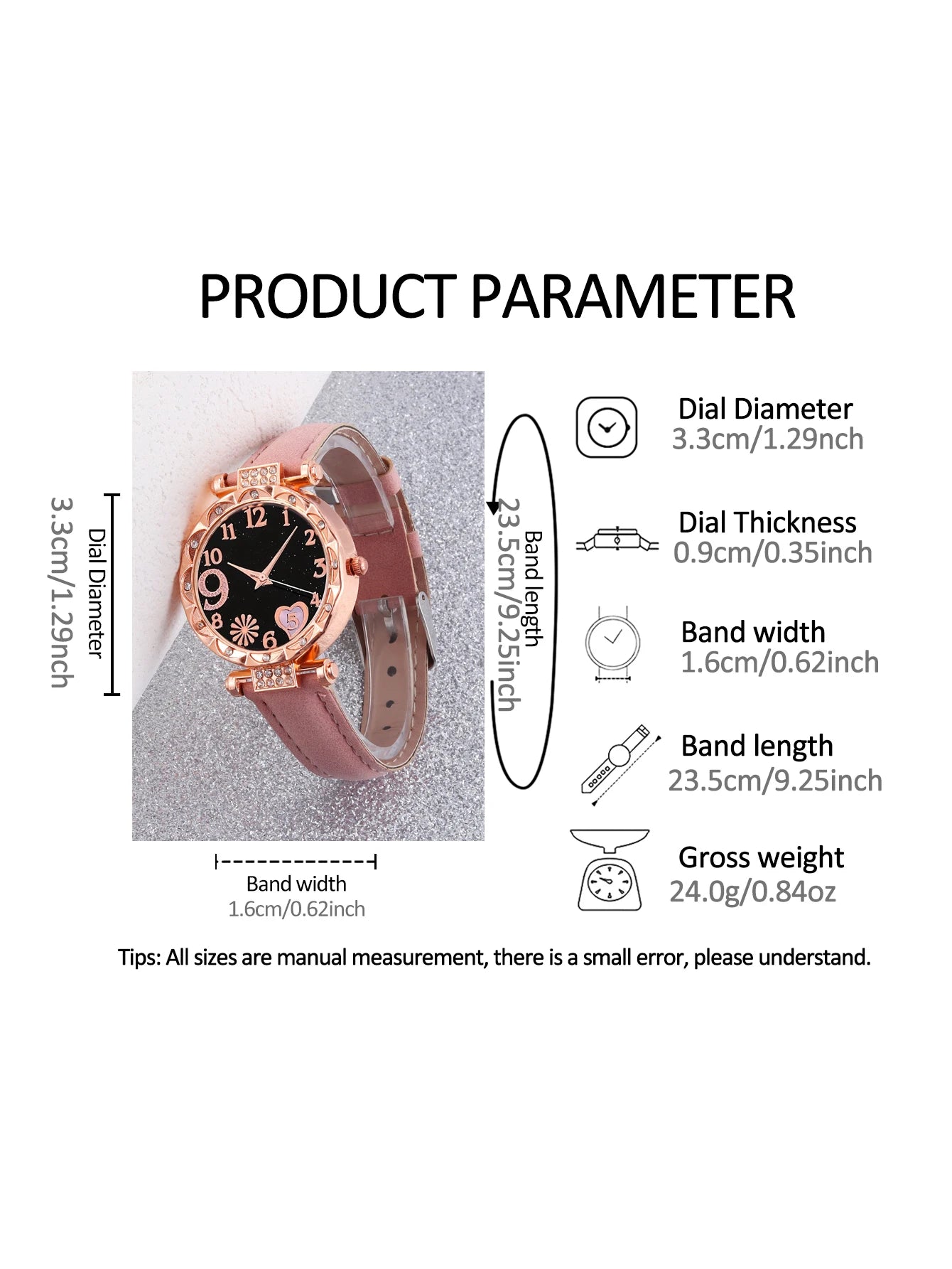 Women's 6PCS Fashion Quartz Watch & Bracelet Set | Pink Leather Band Analog Wristwatch Dress Set