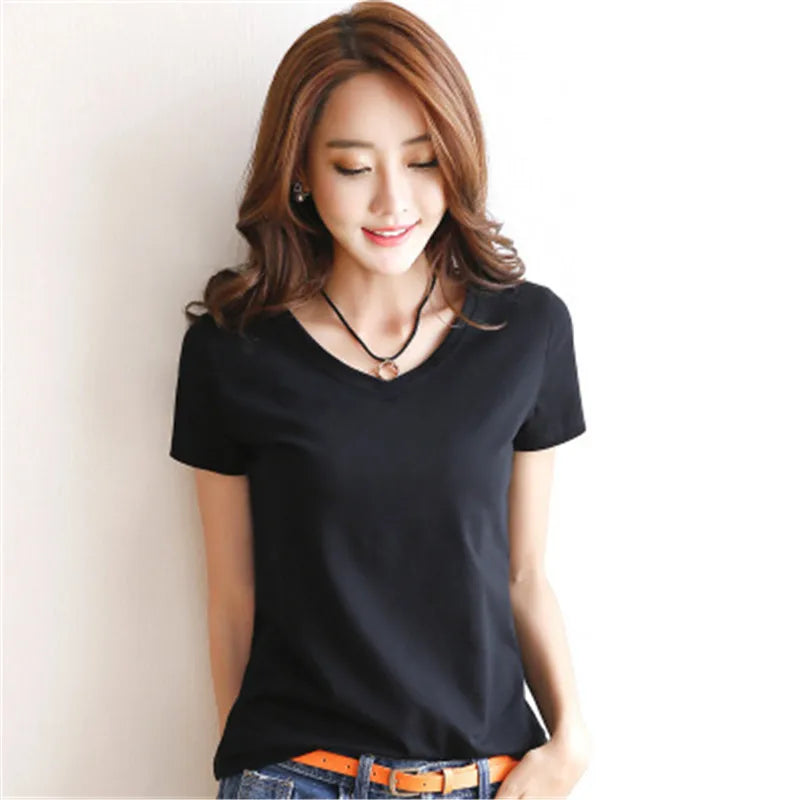 Women's Solid Cotton V-Neck T-Shirt | Short Sleeve Slim Casual Tee in White & Black
