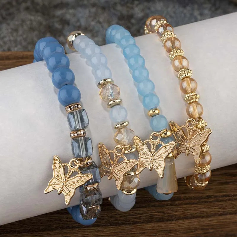 Butterfly Beaded Bracelet Set (4 Pcs)