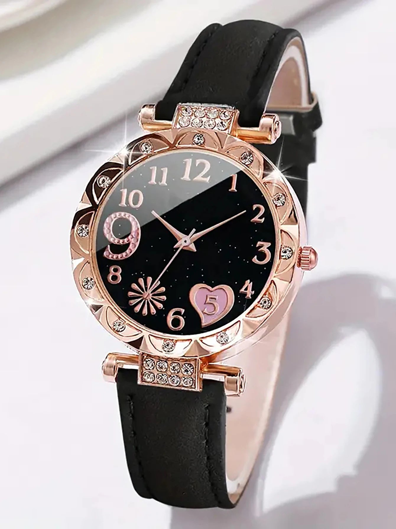 Women's 6PCS Fashion Quartz Watch & Bracelet Set | Pink Leather Band Analog Wristwatch Dress Set