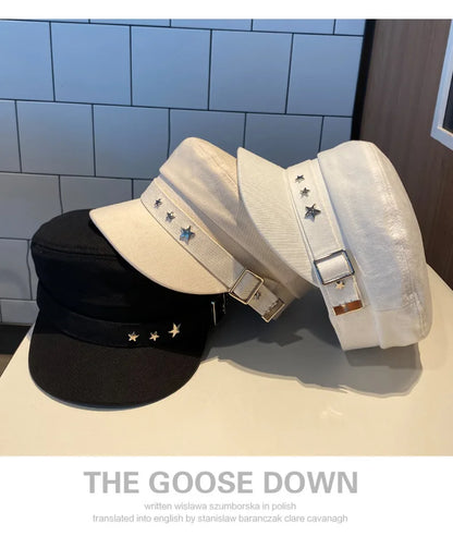 Women's Black Star Beret | British Retro Military Style Korean Fashion Cap for Spring, Autumn & Winter