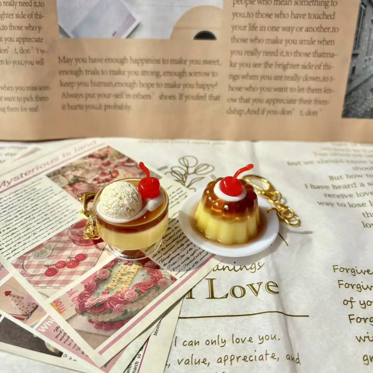 Cherry Pudding Keychain | Cute Caramel Cold Drink Snack Pendant Bag Accessory