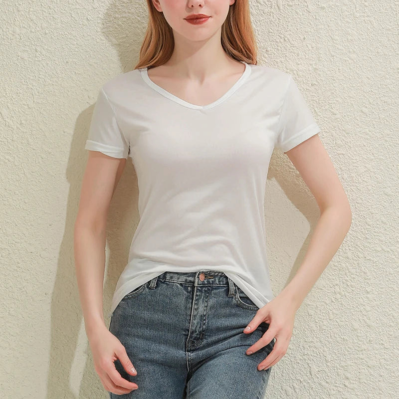 Women's Solid Cotton V-Neck T-Shirt | Short Sleeve Slim Casual Tee in White & Black